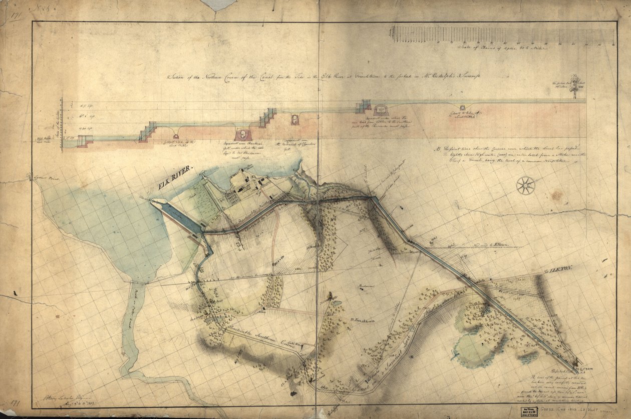 Udsnit af kanalens nordlige forløb fra tidevandet i Elk River ved Frenchtown til den forklede [egetræ] i Mr. Rudulphs sump: [Chesapeake og Delaware Canal, Maryland del] af Benjamin Henry Latrobe