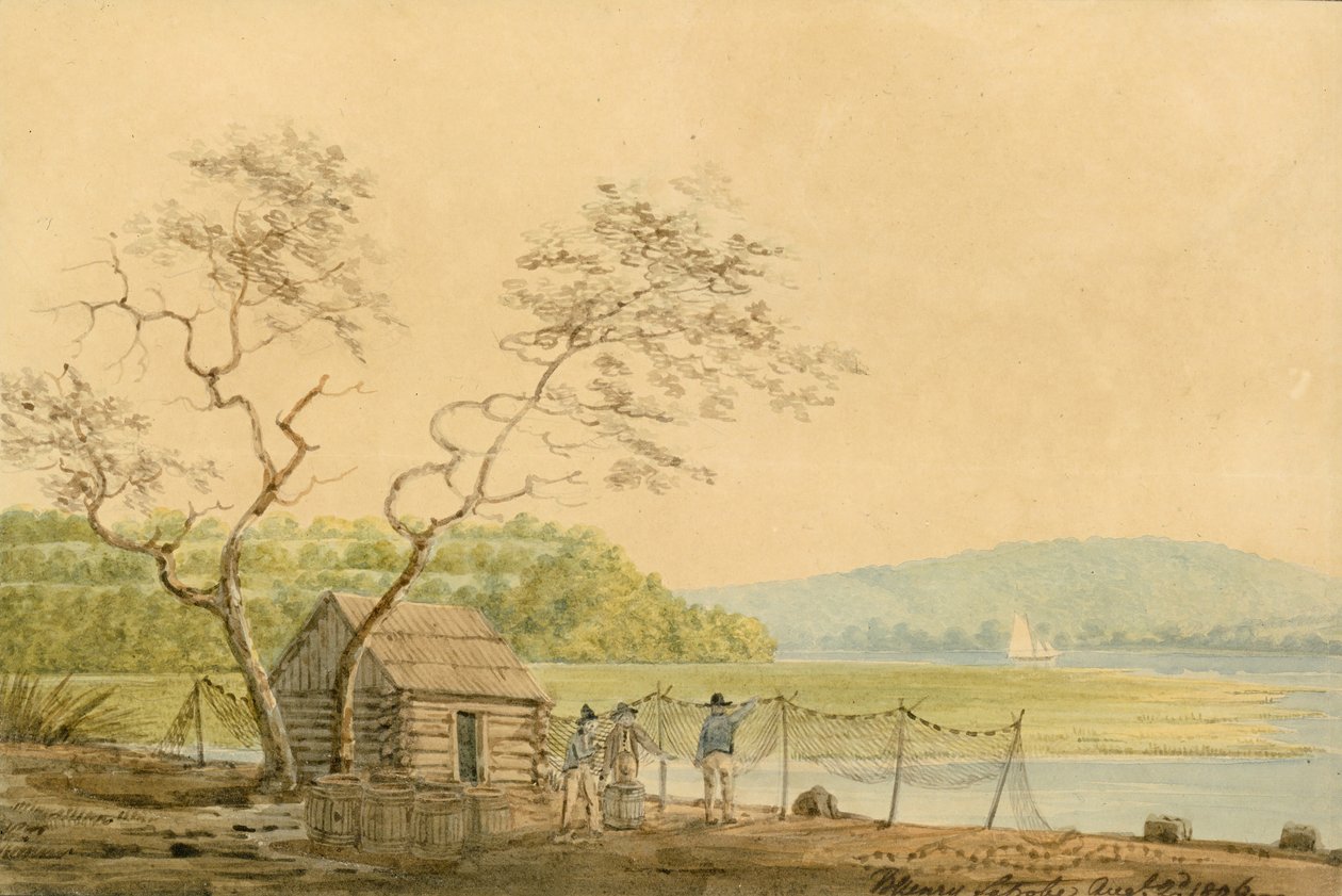 Udsigt fra Packet Wharf ved Frenchtown, ser ned ad Elk Creek, 1806. af Benjamin Henry Latrobe
