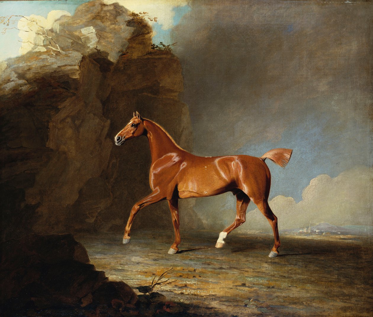 En gylden kastanjevæddeløbshest ved en klippeformation, 1800 af Benjamin Marshall