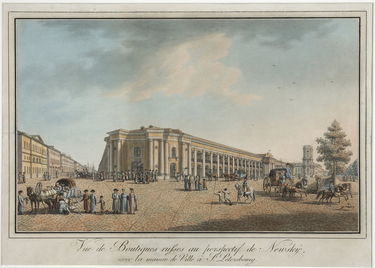 Nevsky Prospekt (perspektiv Nevski) nær Great Gostiny Dvor og City Duma i Sankt Petersborg - Benjamin Paterssen (1748-1815). Radering, akvarel, efter 1802. Statens Museum for Sankt Petersborgs Historie af Benjamin Patersson
