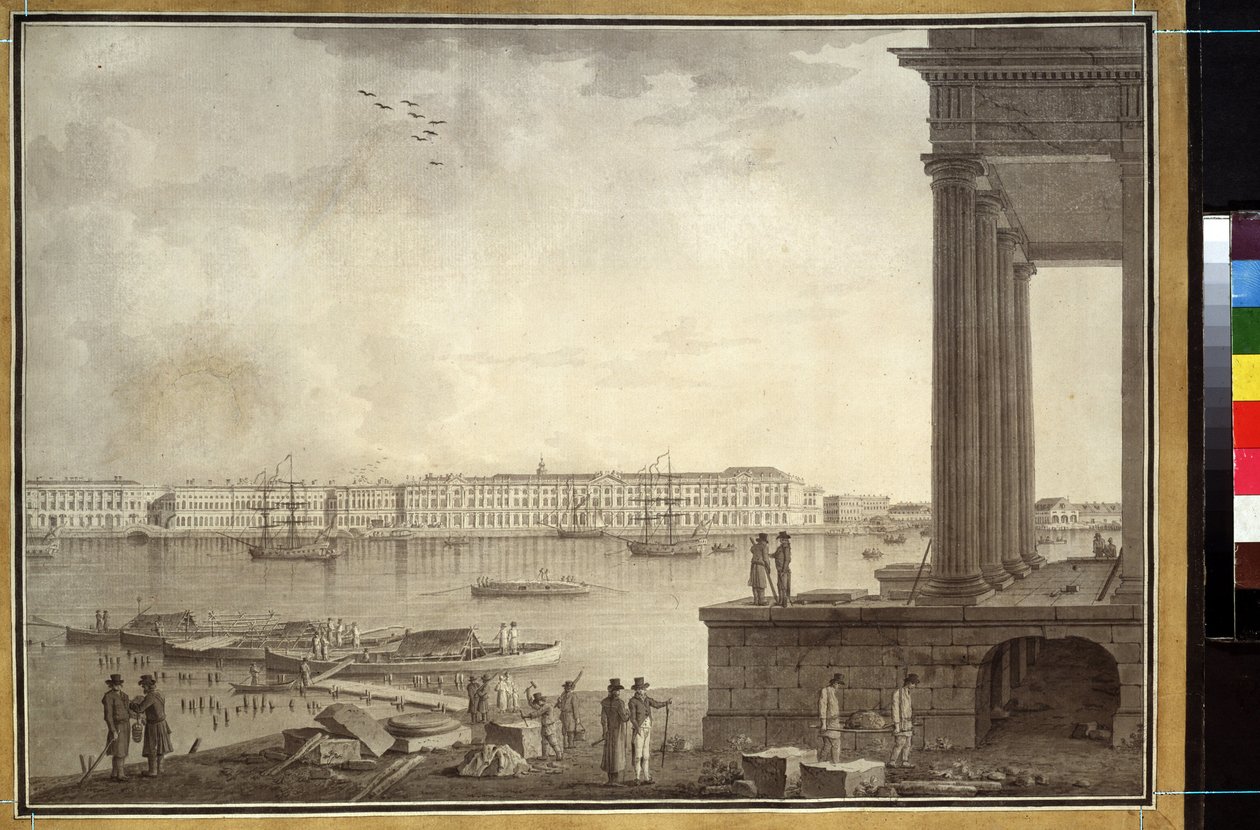 Udsigt over Vinterpaladset og børsen i Sankt Petersborg. Værk af Benjamin Paterssen (1748-1815), blyant og blæk på papir, ca. 1790. Svensk kunst af Benjamin Patersson