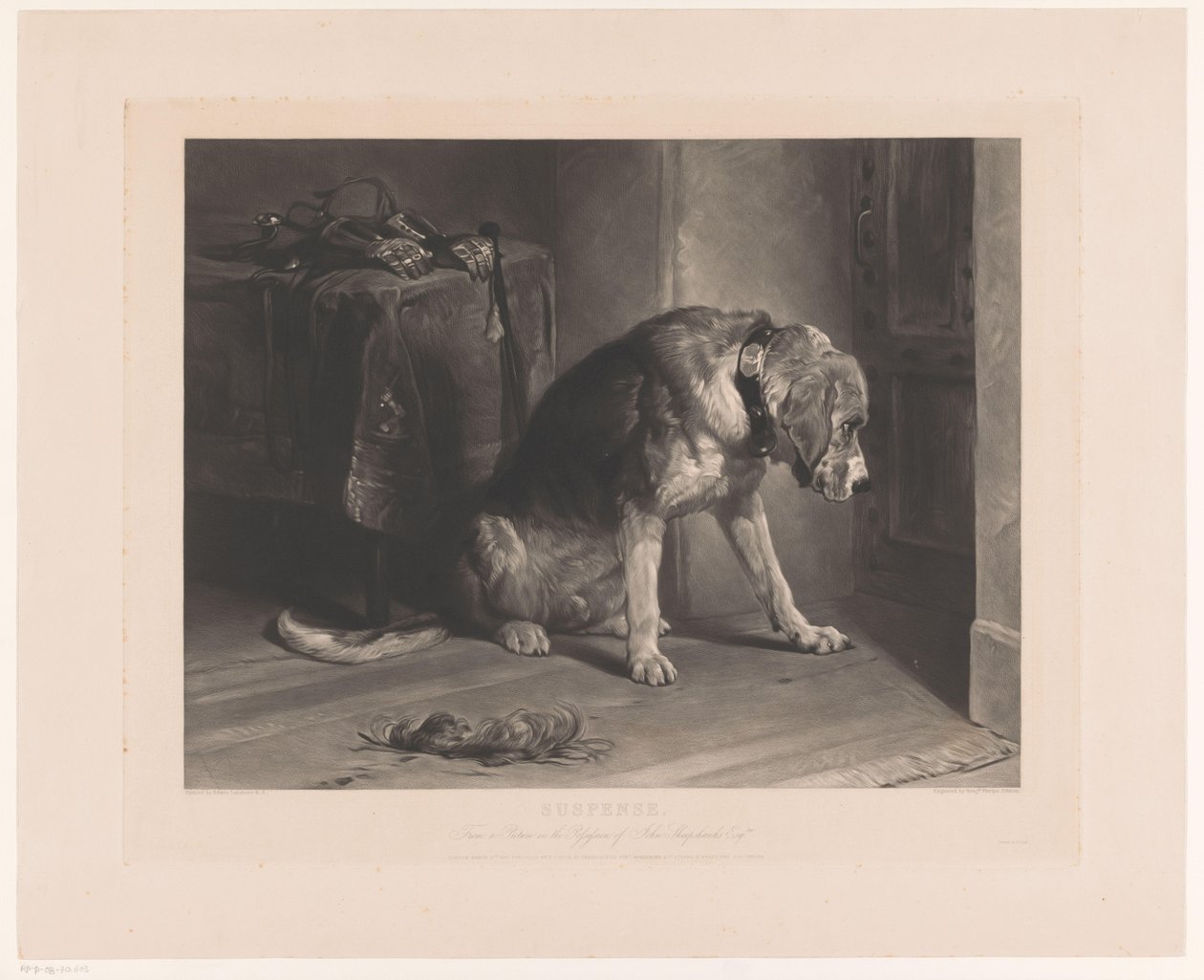 Hund venter ved en dør Suspense (titel på objekt) af Benjamin Phelps Gibbon