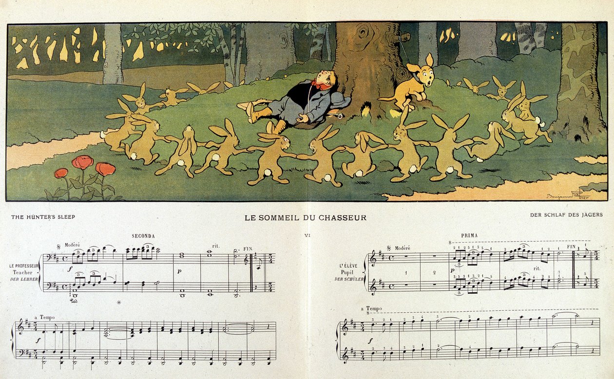 Kaniner, der runder en søvnig jæger - i "" Les images en musique"" af Jane Vieu, illustreret af Benjamin Rabier (1864-1939) af Benjamin Rabier