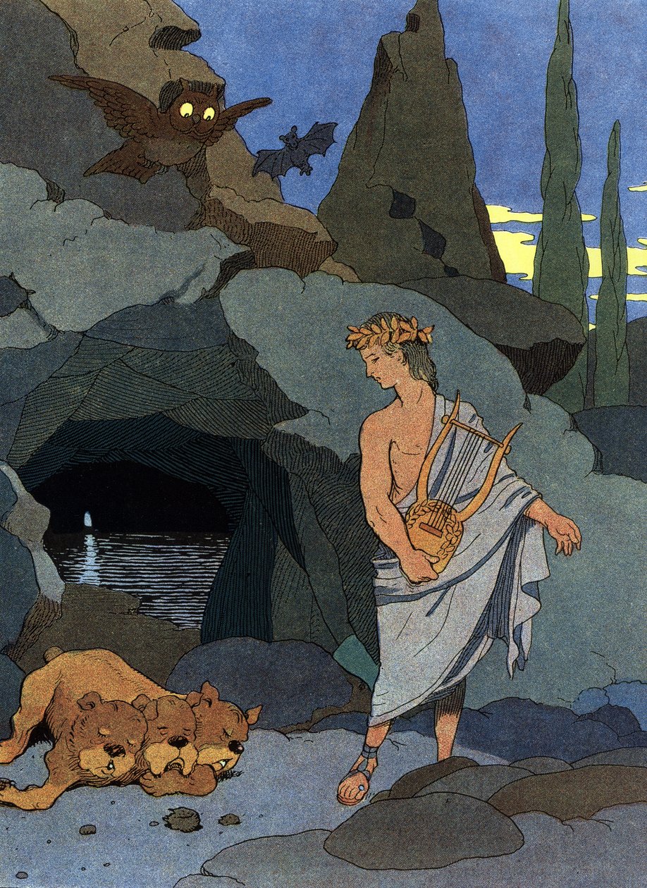 Orpheus og hans lyre faldt i søvn Cerbère hunden med tre hoveder af Benjamin Rabier
