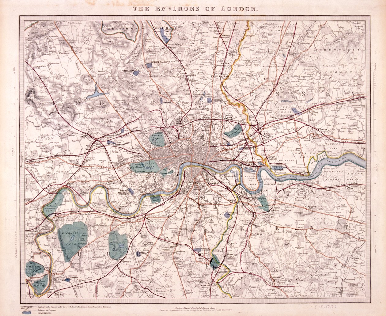 Kort over London, c1860 af Benjamin Rees Davies