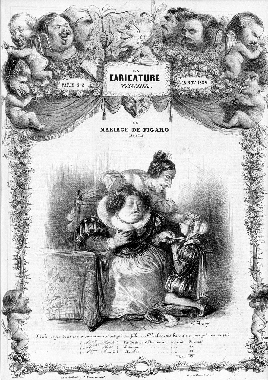 Figaros ægteskab, 11. akt, med karaktererne af Suzanne og grevinden Almaviva: "" _ men se denne snot, hvor smuk som en pige... vil du ikke være smuk sådan? "" illustration, 1838. af Benjamin Roubaud