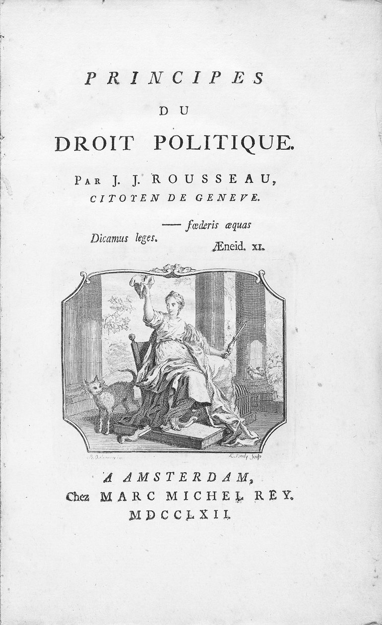 Frontispice af "Principals of Political Right" af Jean Jacques Rousseau, med allegorisk frihedsvignet, indgraveret af Borly, udgivet 1762 af Benjamin Samuel Bolomey
