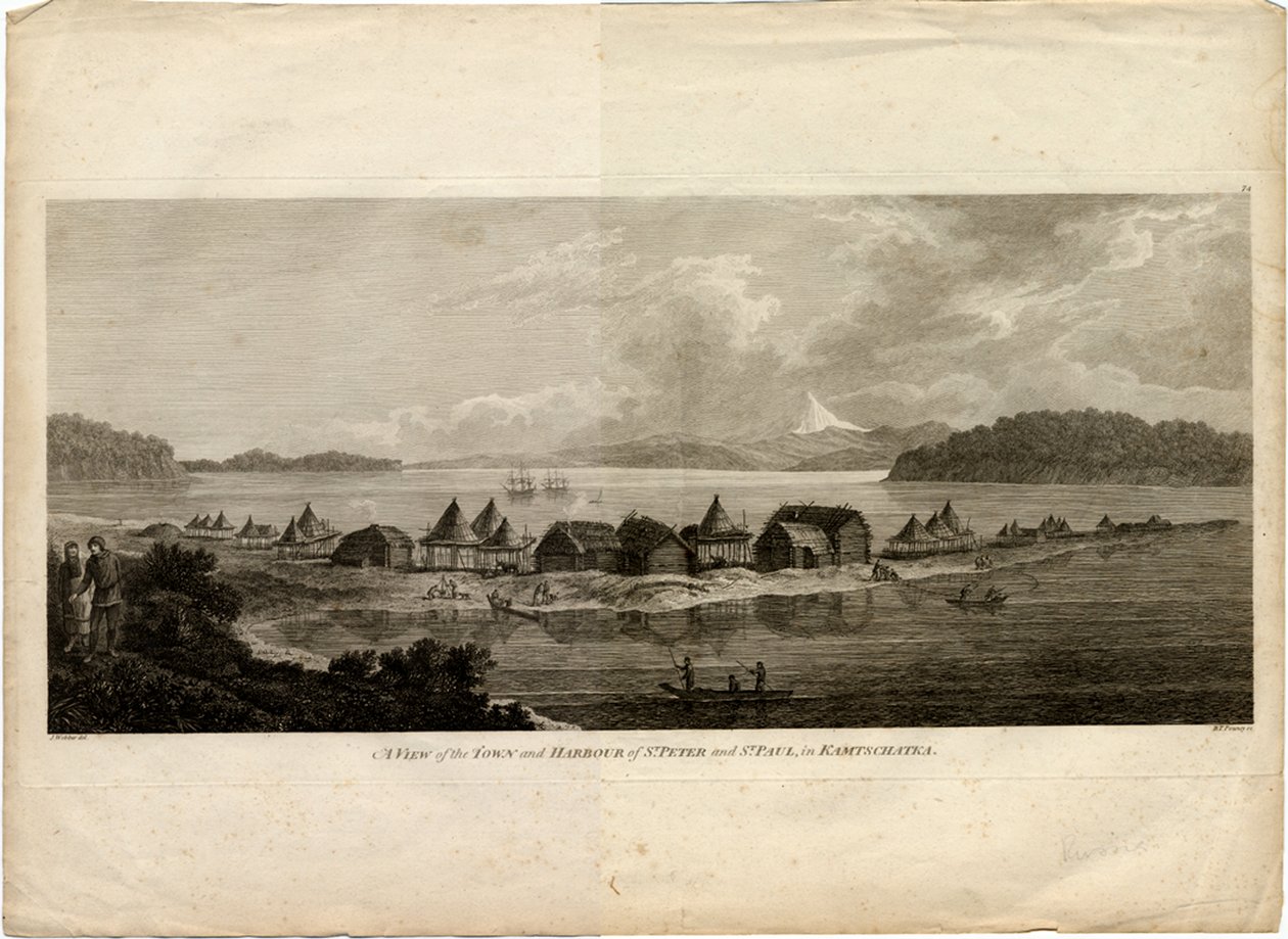 Udsigt over byen og havnen i Petropavlovsk-Kamchatsky fra rejsen til Stillehavet, 1785 af Benjamin Thomas Pouncey