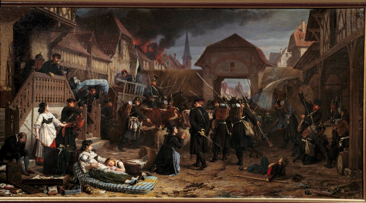 1870-krigen: "" Rekvisitionerne ved Reichshoffen"" Slaget ved Froeschwiller Woerth (Froeschwiller-Woerth) (eller slaget ved Reichshoffen) den 06/08/1870 så Preussens sejr - Maleri af Benjamin Ullmann (1829-18184) 187 Nancy, Musee historique Lorrai af Benjamin Ullmann