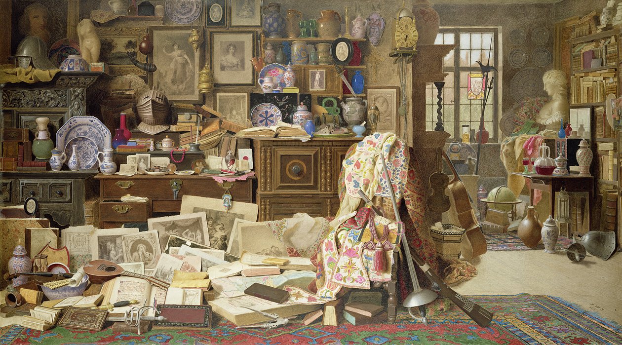 Panser, print, billeder, rør, Kina (Alle Crackd) Gamle vakkelvorne borde og stole knækkede ryg, 1882 (wc med kropsfarve på papir) af Benjamin Walter Spiers