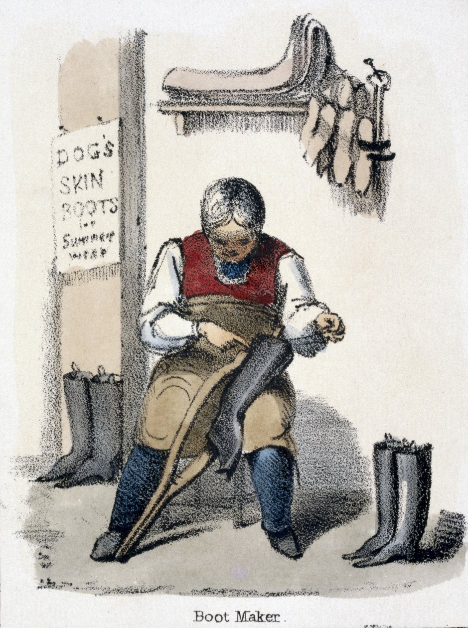 Støvlemageren, fra The Dog in Graphic Illustrations of Animals - Viser deres nytteværdi for mennesket i deres beskæftigelse under livet og brugen efter døden, ca. 1845 af Benjamin Waterhouse Hawkins