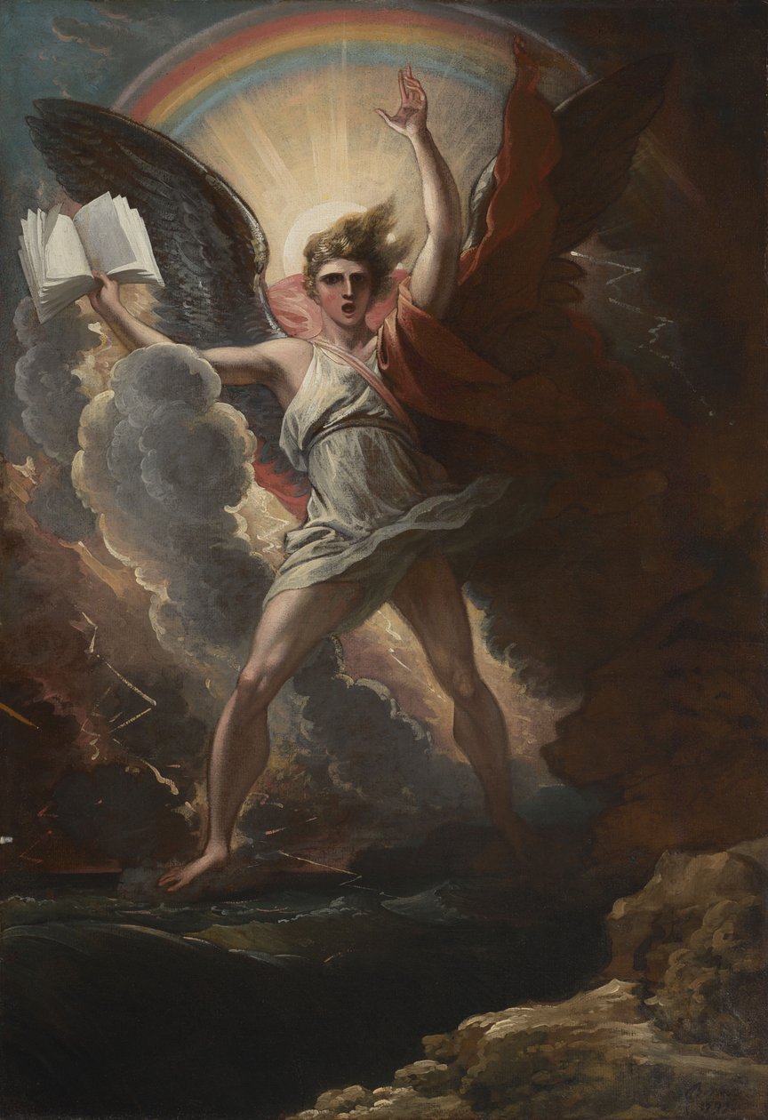 En mægtig engel står på land og på havet af Benjamin West