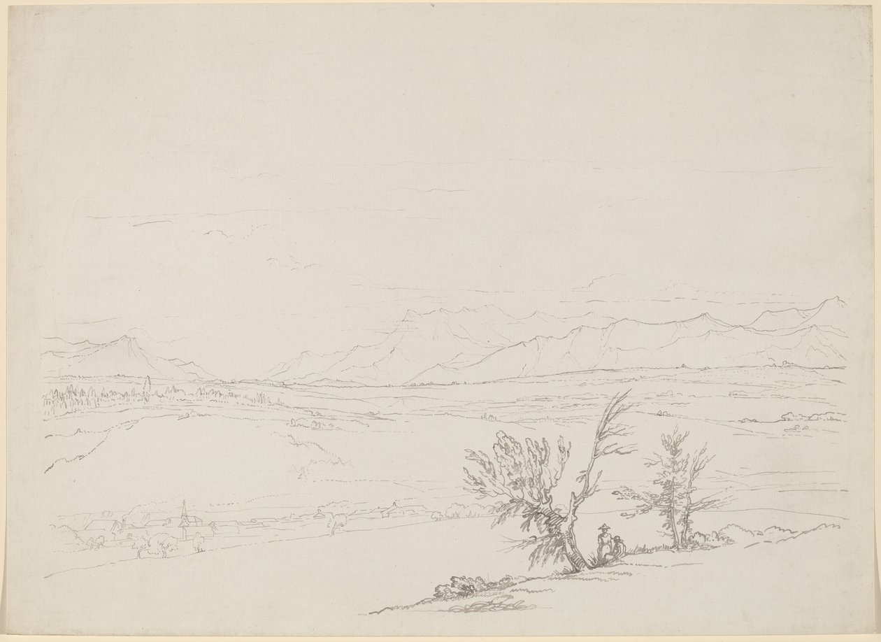 Et alpint landskab med et par siddende ved træer med udsigt over en dal af Benjamin West