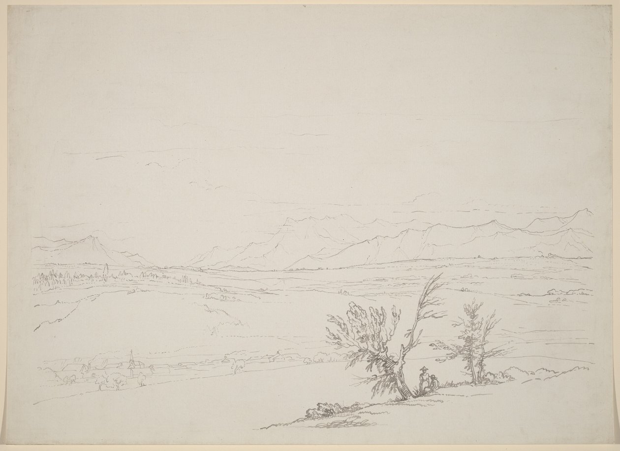 Et alpelandskab med et par siddende ved træer med udsigt over en dal af Benjamin West