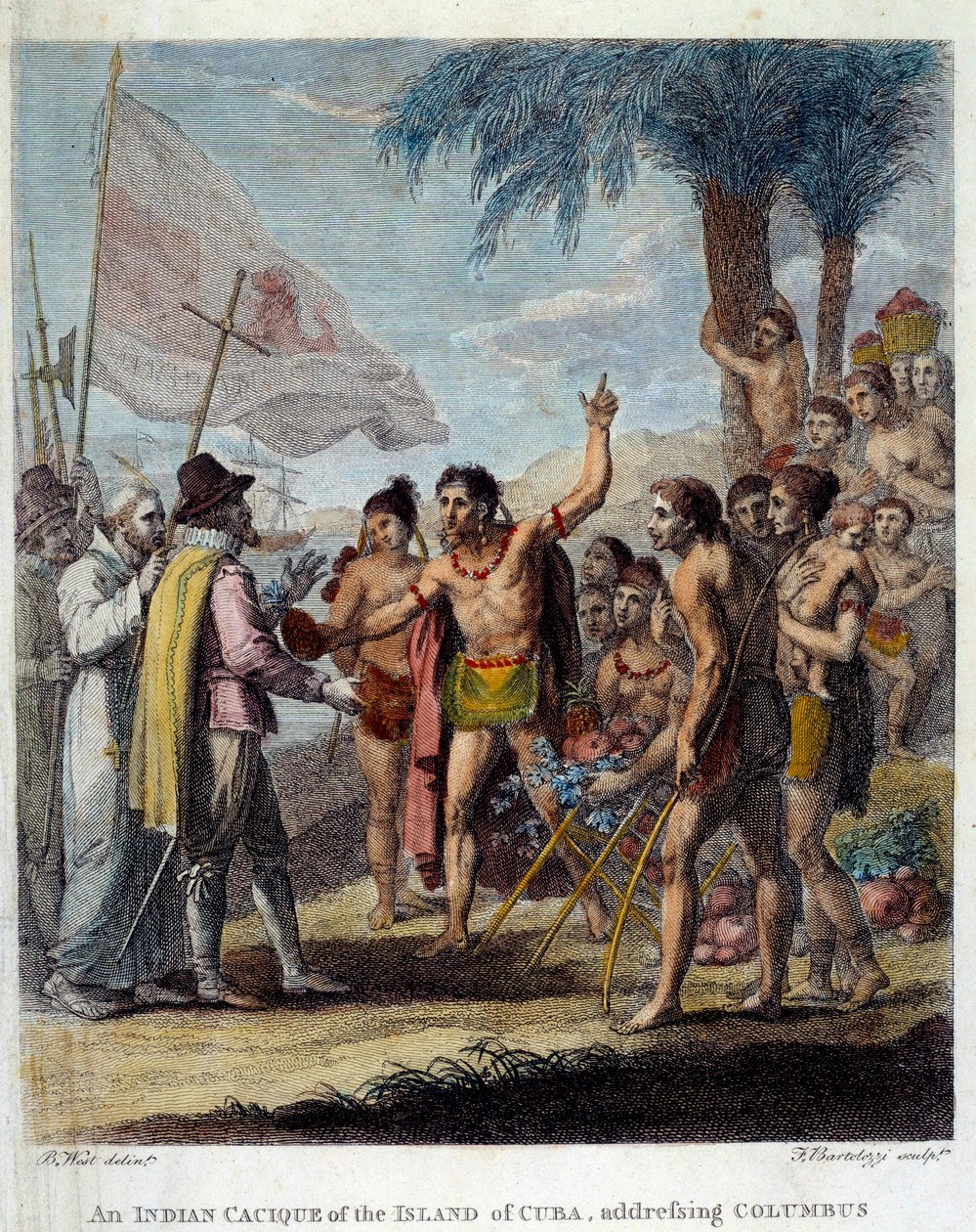 En indisk Cacique fra øen Cuba byder Christopher Columbus (1451-1506) og europæiske militære og kirkelige repræsentanter velkommen til at diskutere oprettelsen af en ny stat. Frontispice af "Civil and Commercial History of the British Colonies of the W af Benjamin West