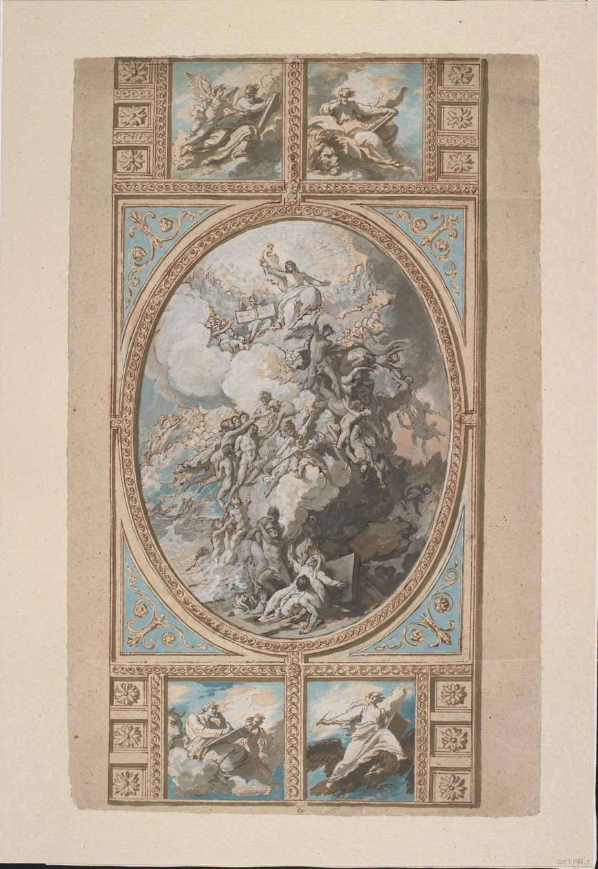 Design til loftudsmykningen af Royal Chapel, Windsor Castle (recto), ca. 1779 (sort kridt, pen & brunt blæk & akvarel, forhøjet med strejf af hvid, grå & blå kropsfarve & brun vask af Benjamin West