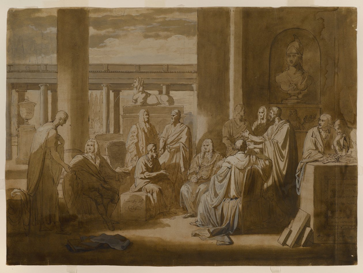 Know Thy Self, 1768 (jerngaldevask, olieimpasto & vasker på elfenbensfarvet papir) af Benjamin West