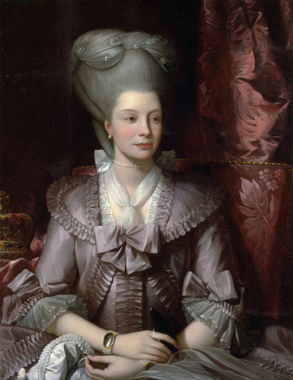 ""Dronning Charlotte (Sophia-Charlotte, Sophia Charlotte) af Mecklenburg Strelitz (1744-1818), kone til George III af England"" - pianting af West, Benjamin (1738-1820) Dronning Charlotte af Det Forenede Kongerige (1744 -1818) ) Olie på lærred 1777 Yale Un af Benjamin West