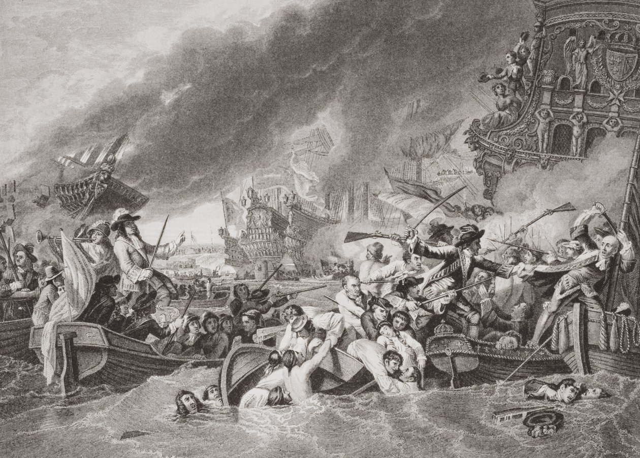Slaget ved La Hogue, ødelæggelse af den franske flåde, 22. maj 1692, fra `Illustrationer af engelsk og skotsk historie