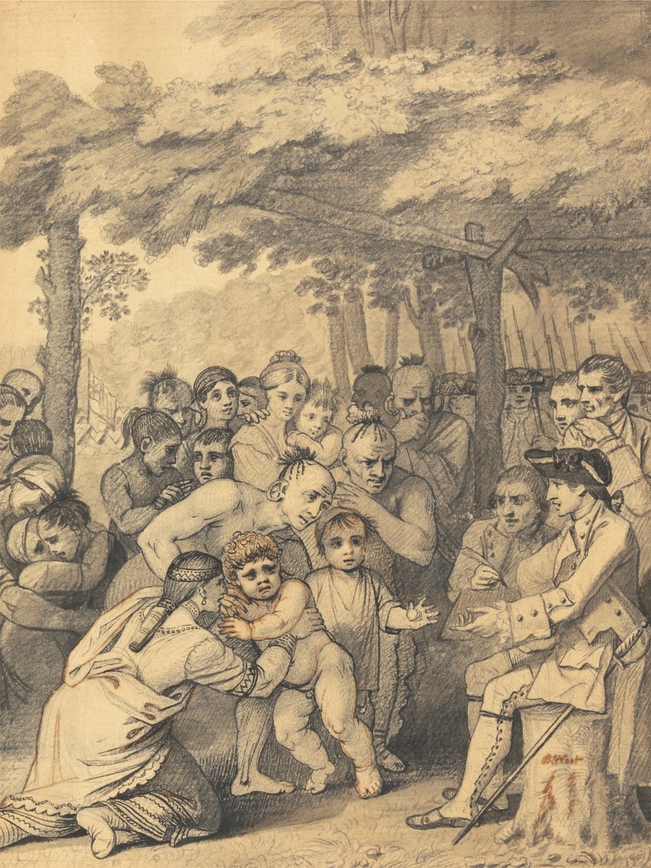 Indianerne leverer de engelske fanger til oberst Bouquet nær hans lejr hos folket i Muskingum i Nordamerika i november 1764, 1765 af Benjamin West