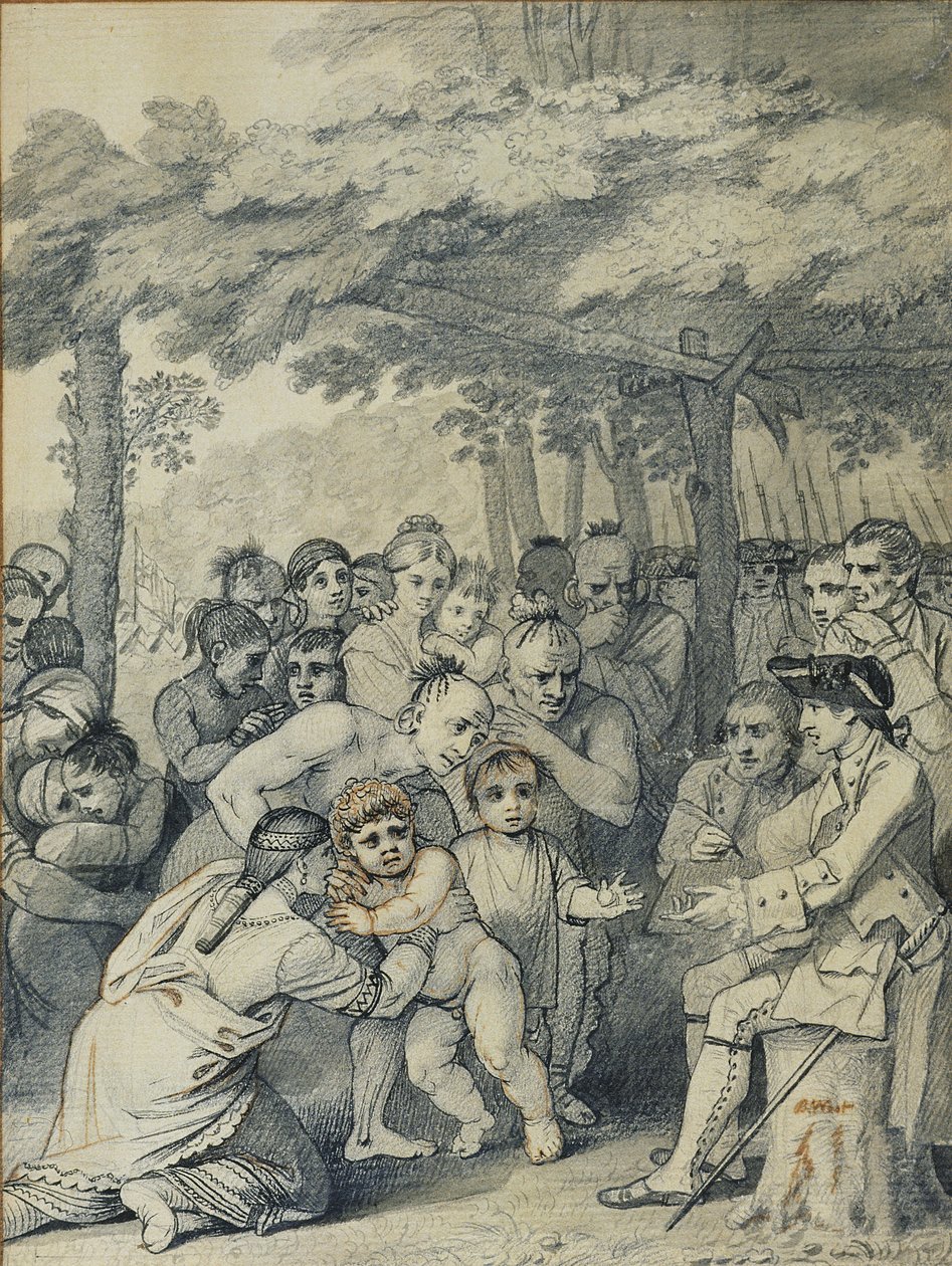 Indianerne leverer de engelske fanger til oberst Bouquet nær hans lejr hos folket i Muskingum, Nordamerika i november 1764, ca. 1769 (blæk og vask på papir) af Benjamin West