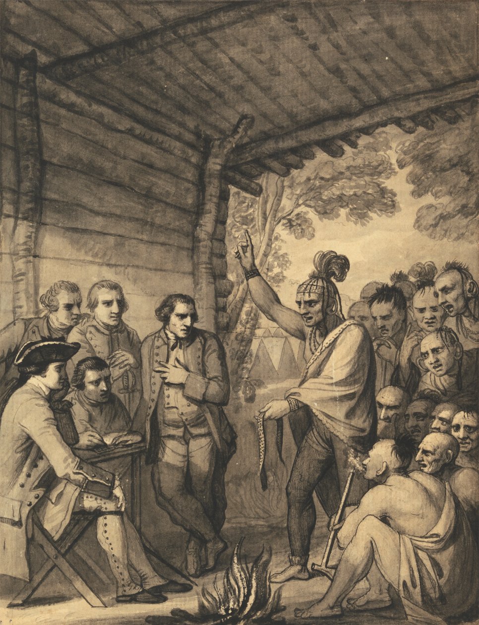 Indianerne holder en tale med oberst Bouquet i en konference ved en rådsbrand nær hans lejr på bredden af Muskingum i Amerika i oktober 1764, 1765 af Benjamin West