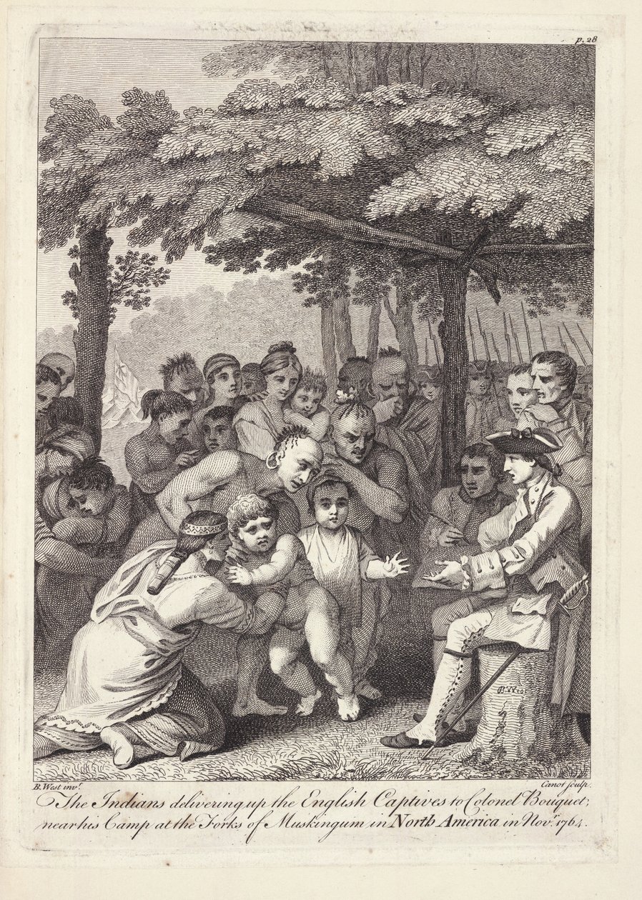 Indianerne afleverede de engelske fanger til oberst Bouquet nær hans lejr ved Forks of Muskingham i Nordamerika i november 1764 af Benjamin West