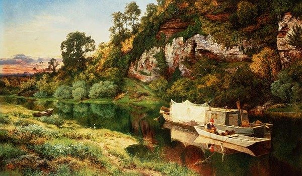 Et flodlandskab med en fisker, der laver ålefælder af Benjamin Williams Leader