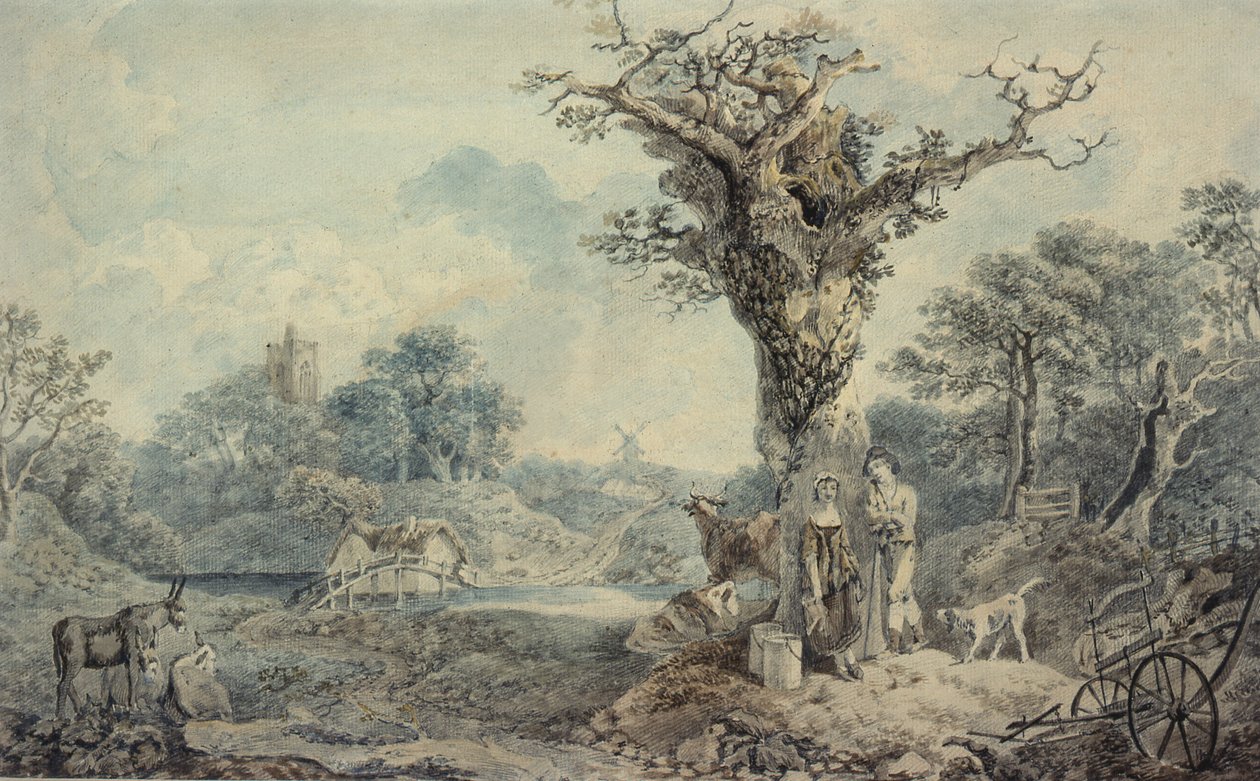 Landskab med figurer og kvæg af Benjamin attr. to Barker