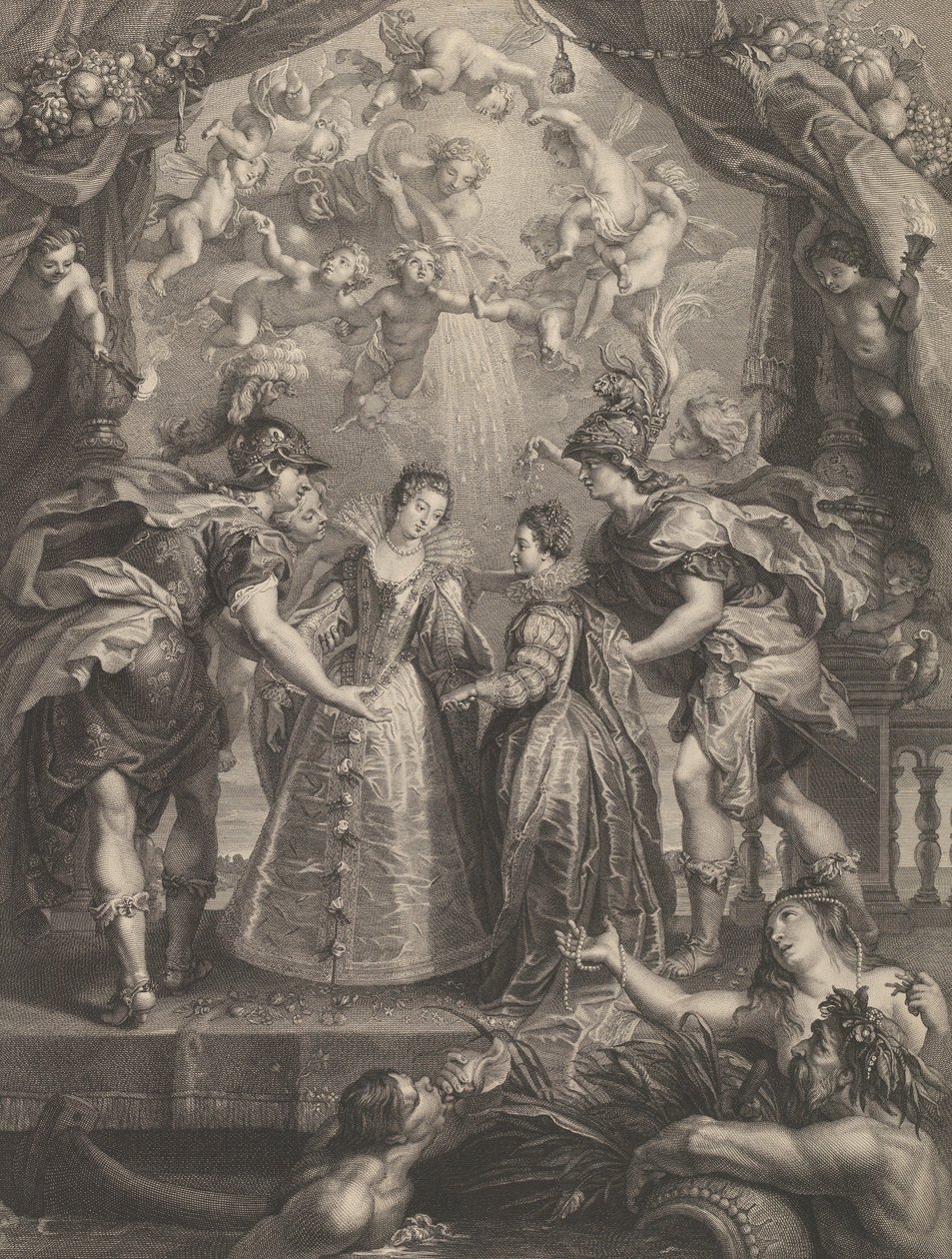 Plade 17: Udvekslingen af de to prinsesser i Hendaye, allegorisk scene med Anne af..., 1707-10 af Benoit Audran I