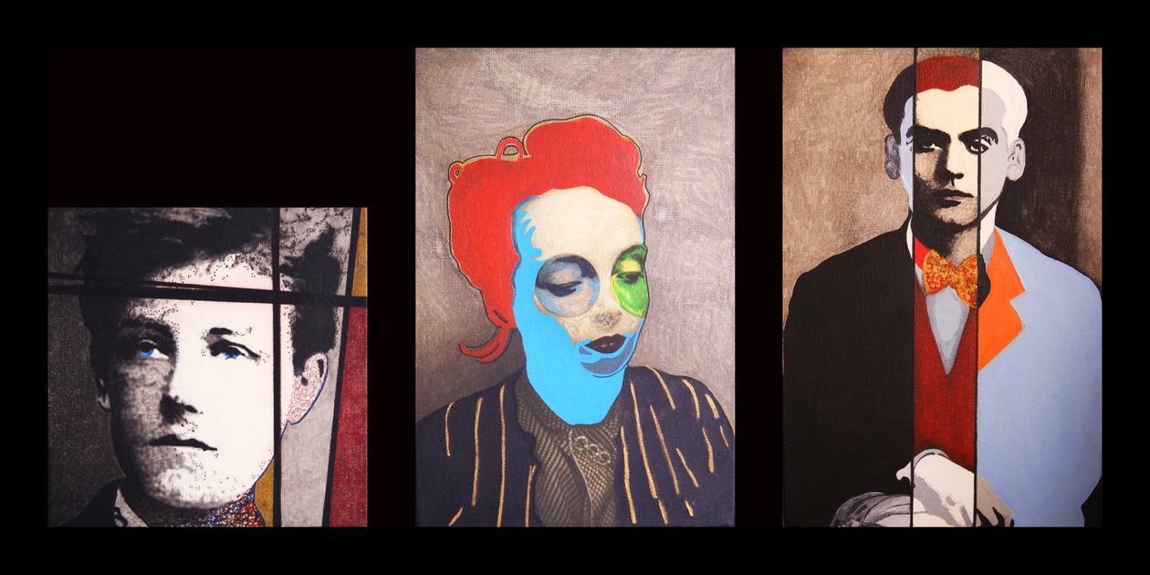 Arthur, Marguerite  Federico, 2014 (olie på 3 sidestillede trykte lærreder) af Benoit Erwann Boucherot