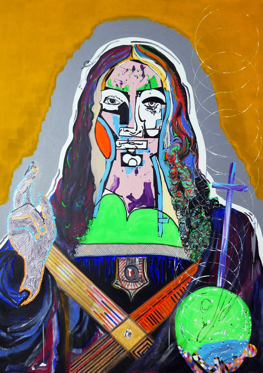 Surpeinture : Salvator Mundi, 2020 (olie, papir og akryl på lærred) af Benoit Erwann Boucherot
