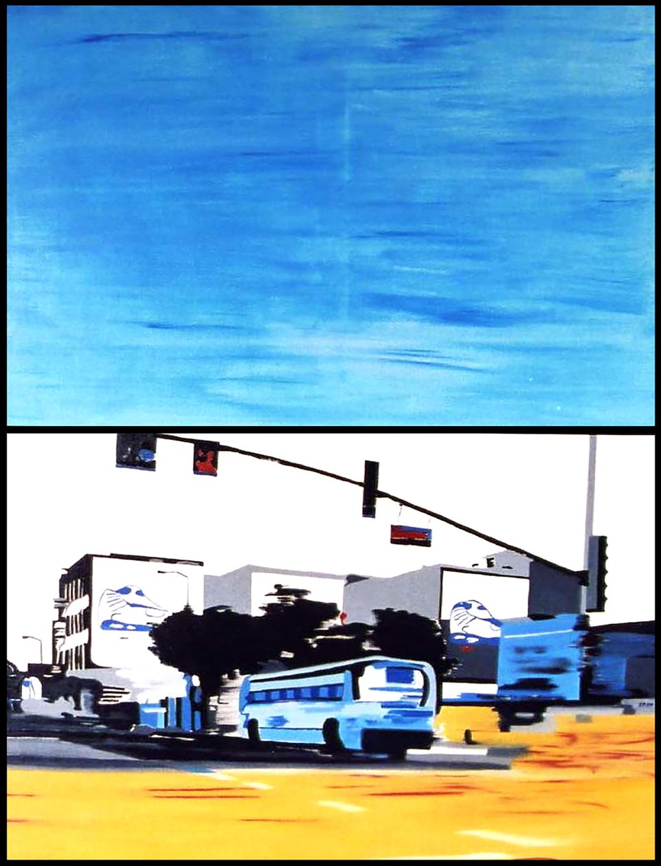 Den blå bus kalder på os, 2003 (olie på 2 sidestillede lærreder) af Benoit Erwann Boucherot