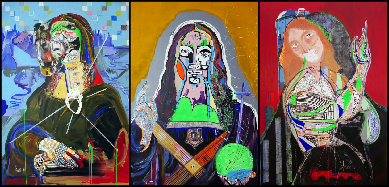 Triptykon efter Leonardo da Vinci, 2019 (olie, papir og akryl på 3 sidestillede lærreder) af Benoit Erwann Boucherot