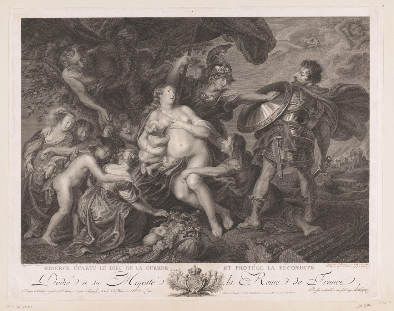 Minerva beschermt fra Vruchtbaarheid tegen March Minerva afskediger krigsguden og beskytter frugtbarheden (titel på objekt) af Benoit Louis Henriquez
