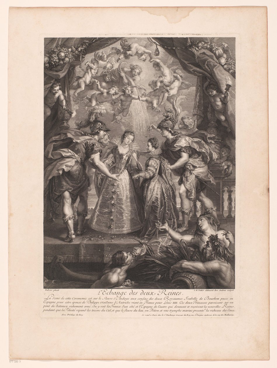Udveksling af to dronninger Udveksling af to dronninger. (titel på objekt) Galleriet i Palais du Luxembourg (serietitel) af Benoît Audran