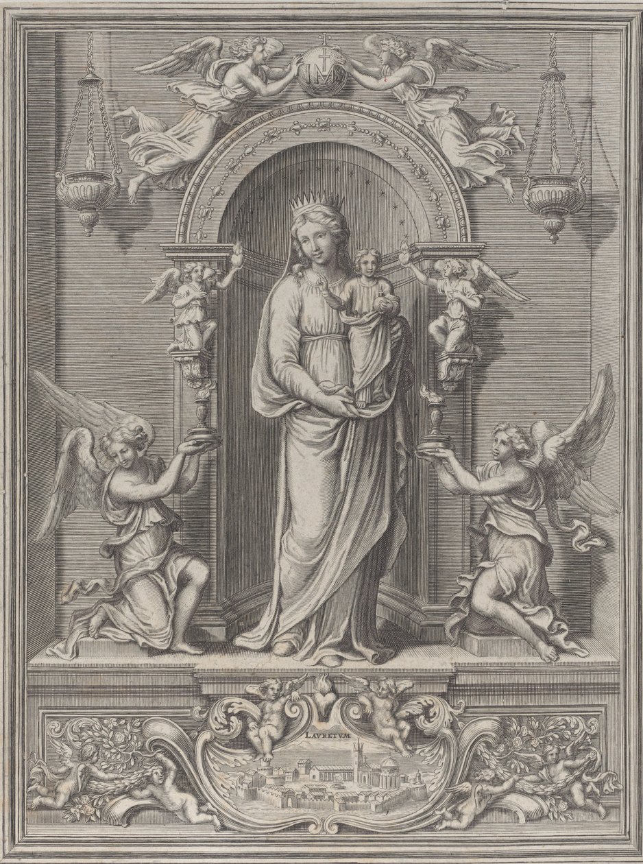 Madonna af Loreto, i en niche med en engel på hver side, 1650-1724. af Benoît Farjat