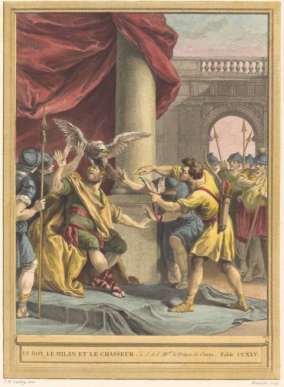 Kongen, dragen og jægeren af Benoît Louis Prévost after Jean Baptiste Oudry