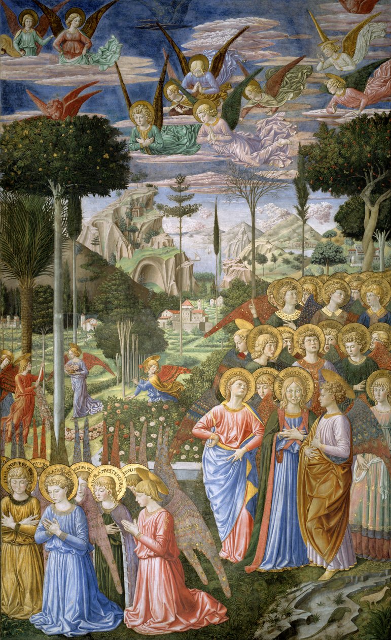Engle i et himmelsk landskab, apsis højre væg, fra Magi-cyklussen i kapellet, ca. 1460 af Benozzo di Lese di Sandro Gozzoli