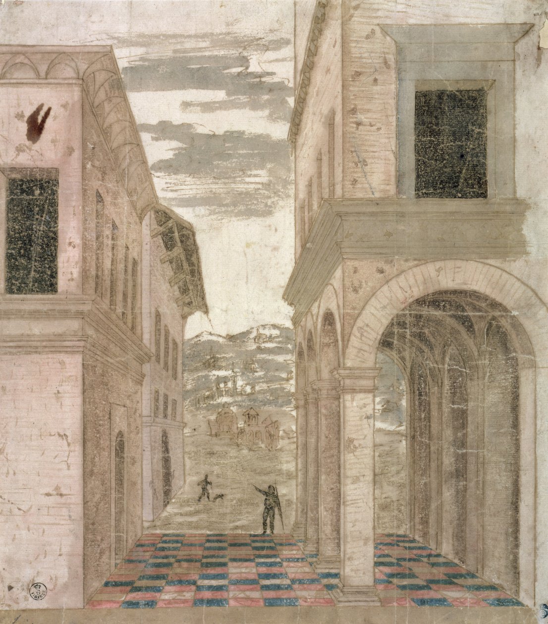 Architectural Capriccio, en undersøgelse i perspektiv (pen og blæk med vask på papir) af Benozzo di Lese di Sandro Gozzoli