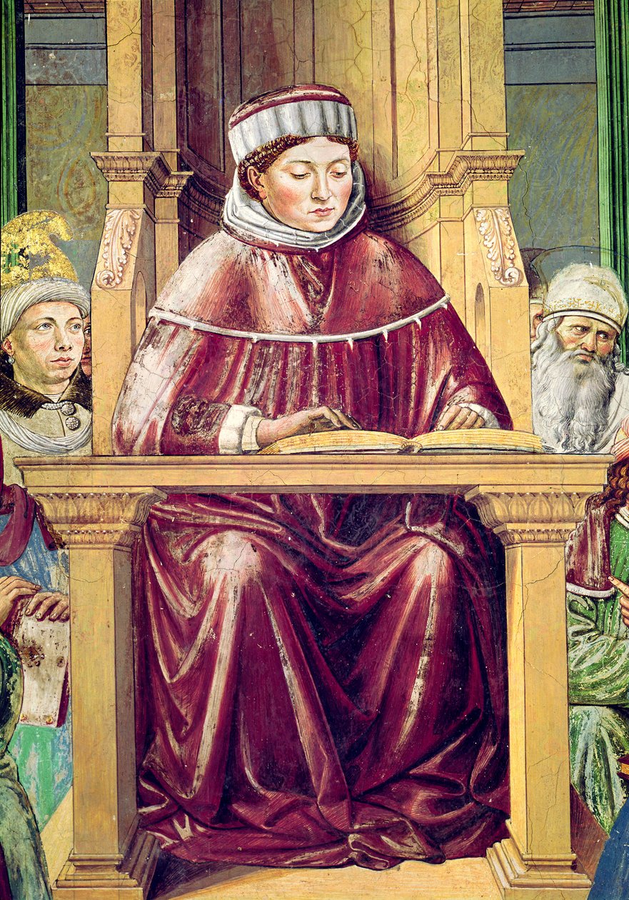 Udsnit af Augustin, der læser retorik og filosofi på skolen i Rom, fra Augustins liv, 1464-65 af Benozzo di Lese di Sandro Gozzoli