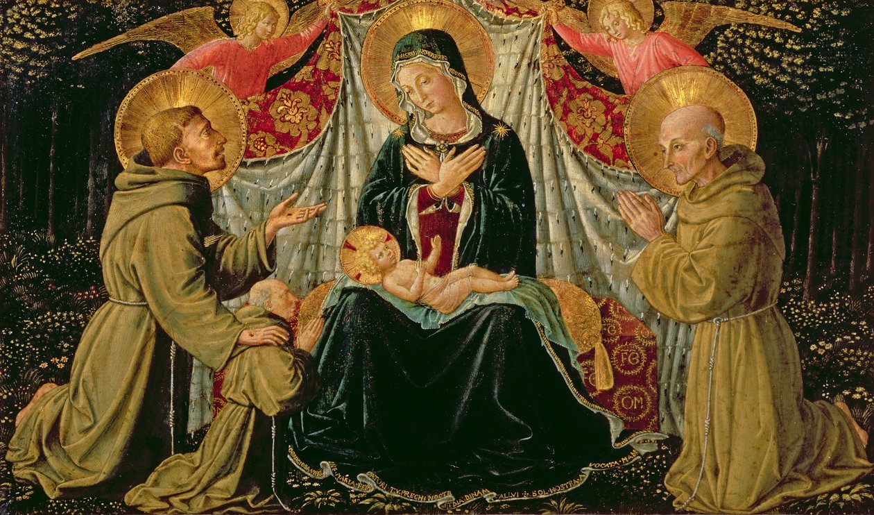 Madonna og barn med den hellige Frans og giveren Fra Jacopo da Montefalco (til venstre) og den hellige Bernardino af Siena (til højre), ca. 1452 (panel) af Benozzo di Lese di Sandro Gozzoli