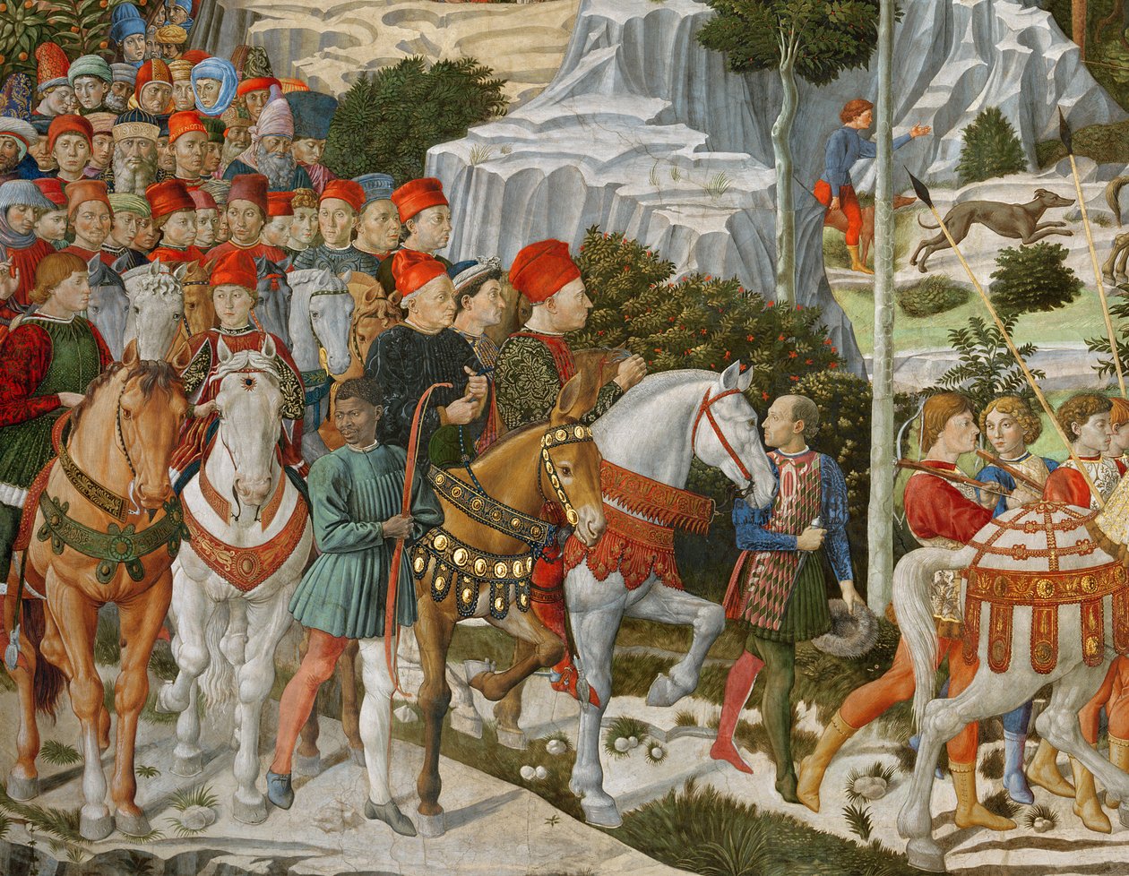 De tre kongers rejse til Betlehem, kapellets højre væg, ca. 1460, fresko detalje af 70619 af Benozzo di Lese di Sandro Gozzoli