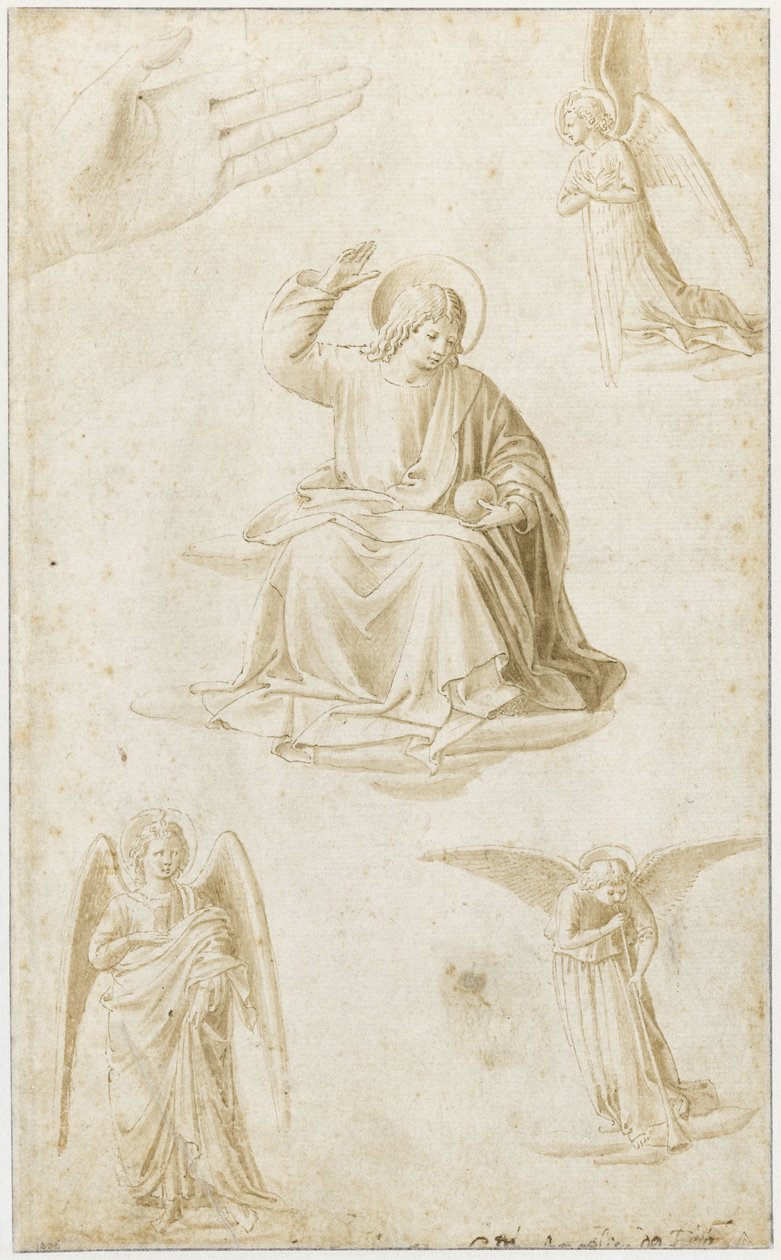 Studier af en hånd, tre engle og Kristus som Salvator Mundi, anden halvdel af det 15. århundrede af Benozzo Gozzoli