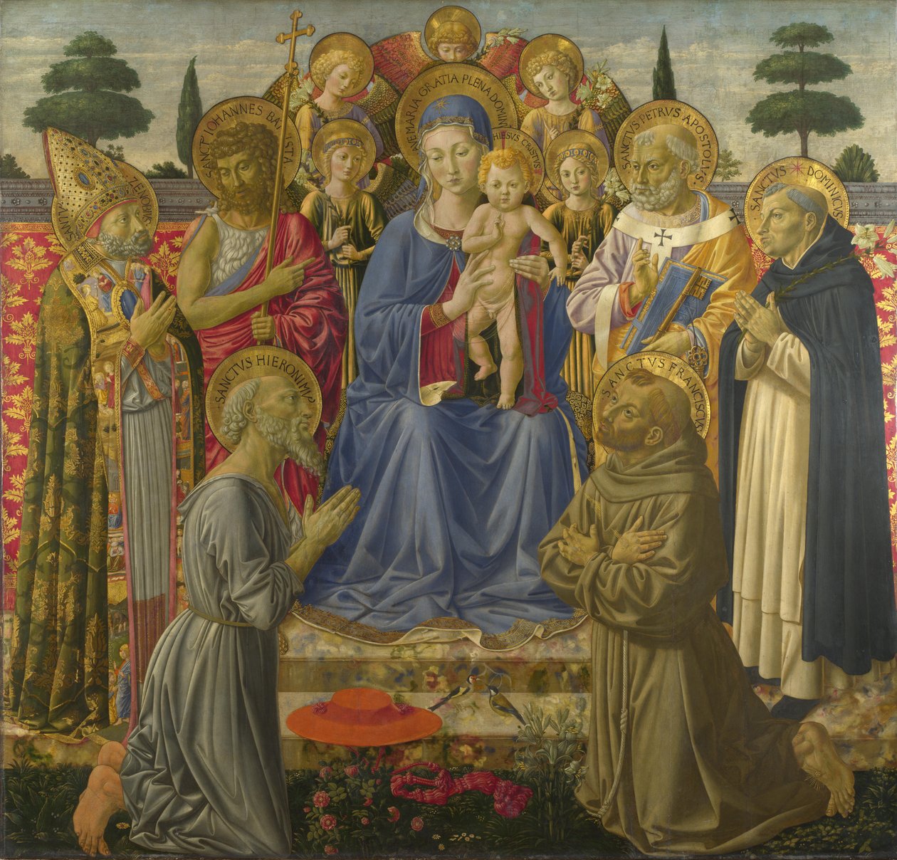 Jomfruen og barnet troner blandt engle og hellige, 1460