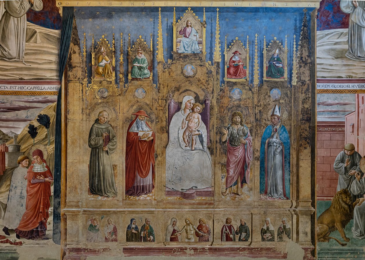 En falsk polyptikon med Jomfru Maria og Barnet, S. Anthony af Padua, St. Hieronymus, St. John og St. Louis af Toulouse, St. Jeromes kapel af Benozzo di Lese di Sandro Gozzoli