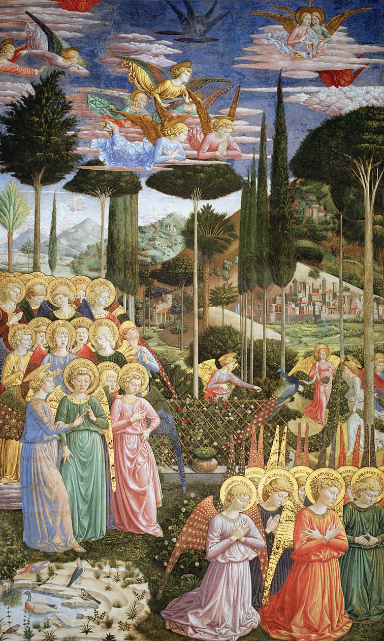 Engle i et himmelsk landskab, den venstre væg af apsis, fra Magi-cyklussen i kapellet ca. 1460 (for detaljer se 83051) af Benozzo di Lese di Sandro Gozzoli