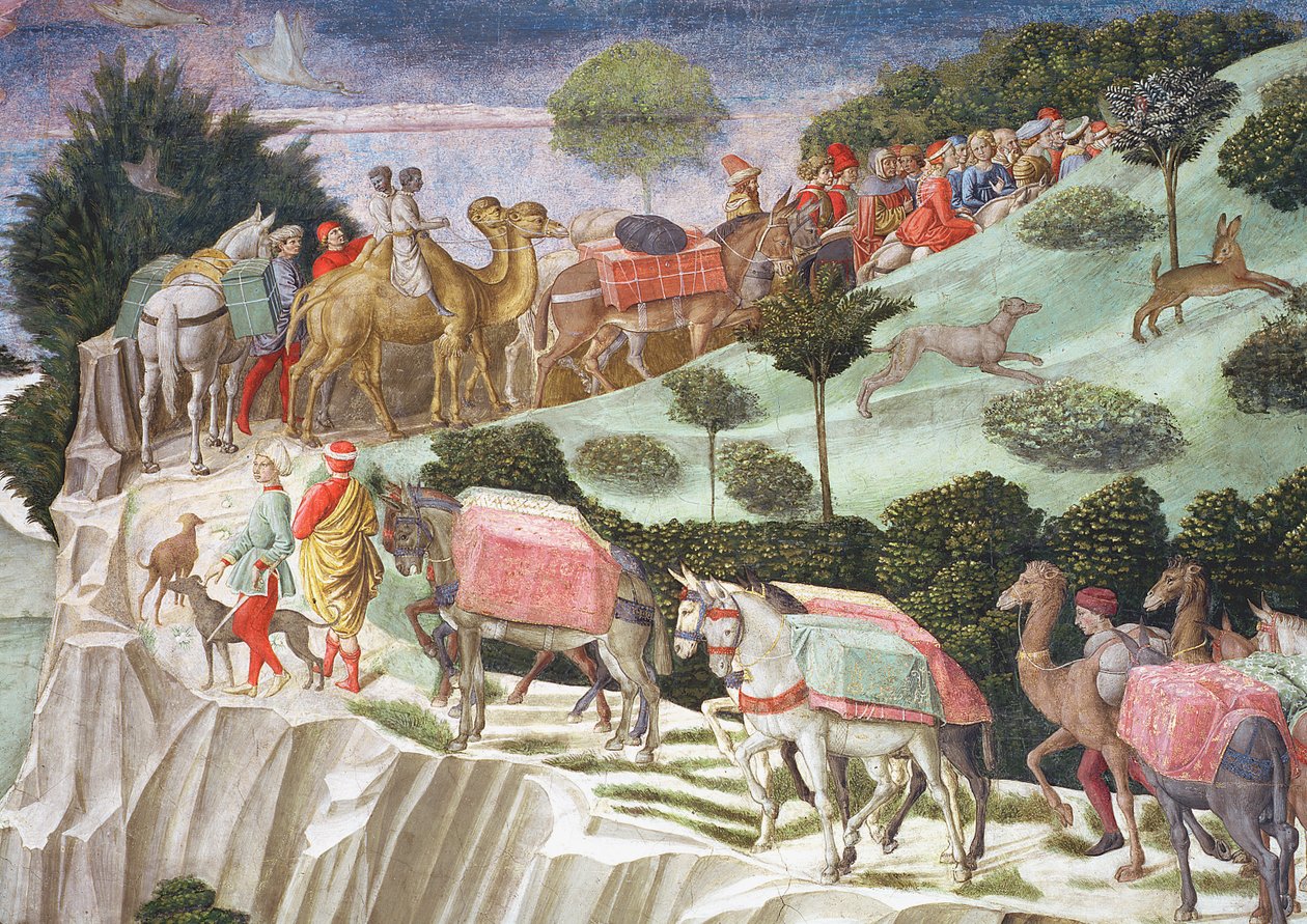 Karavane af flokdyr, der klatrer op på en bakke, detalje fra Magi-cyklen i kapellet, ca. 1460 freskodetalje af 70601 af Benozzo di Lese di Sandro Gozzoli