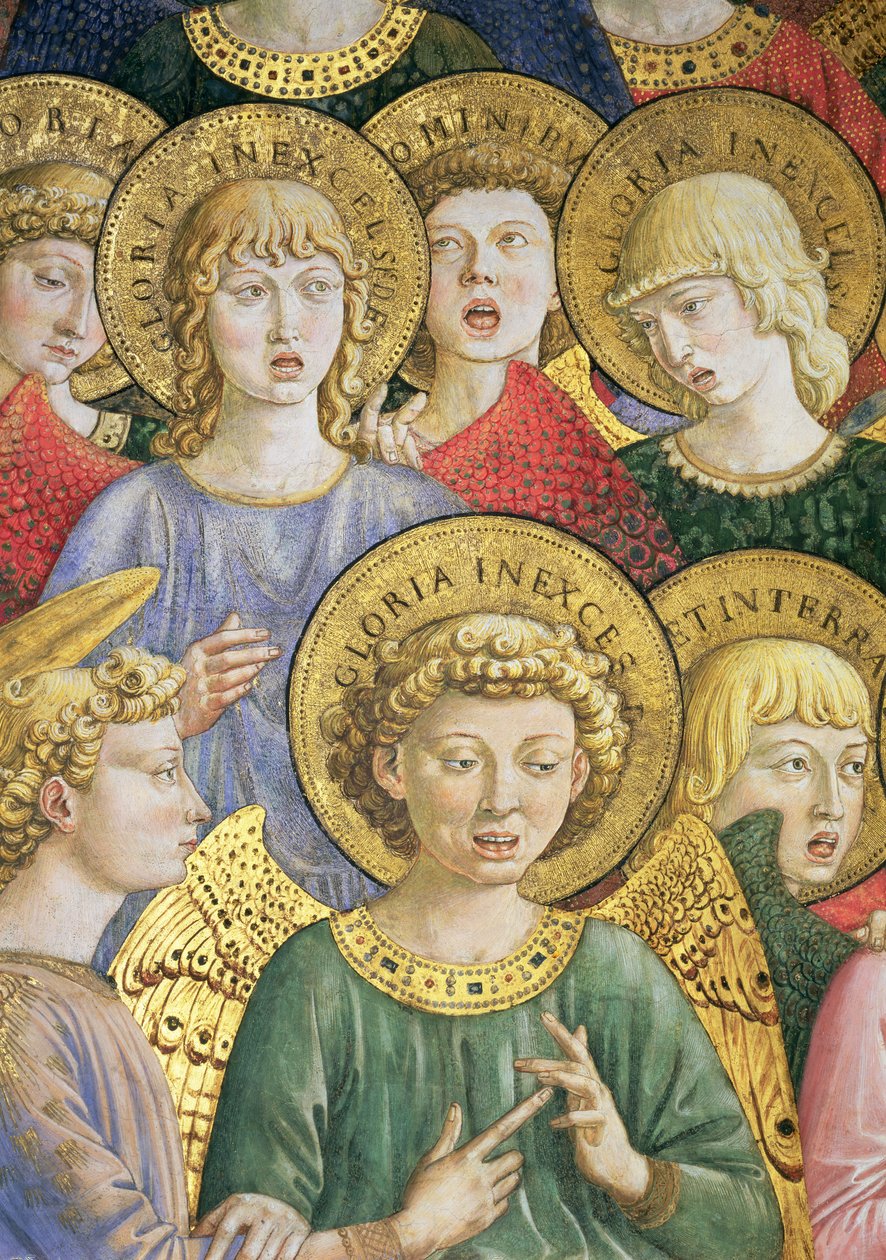 Englekor, detalje fra Magi-cyklussens rejse i kapellet, ca. 1460 freskodetalje af 70610 af Benozzo di Lese di Sandro Gozzoli