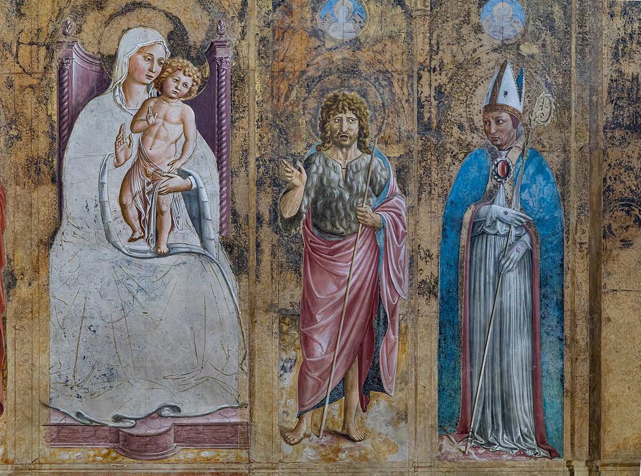 Detalje af en falsk polytykon med Jomfru Maria og Barnet, S. Anthony af Padua, St. John og St. Louis af Toulouse, St. Jerome Kapel af Benozzo di Lese di Sandro Gozzoli